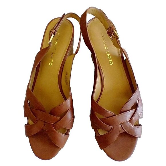 Franco Sarto Sandals Slingback Platform Leather Open Toe KRIS Cognac Brown 8.5M - Picture 2 of 7